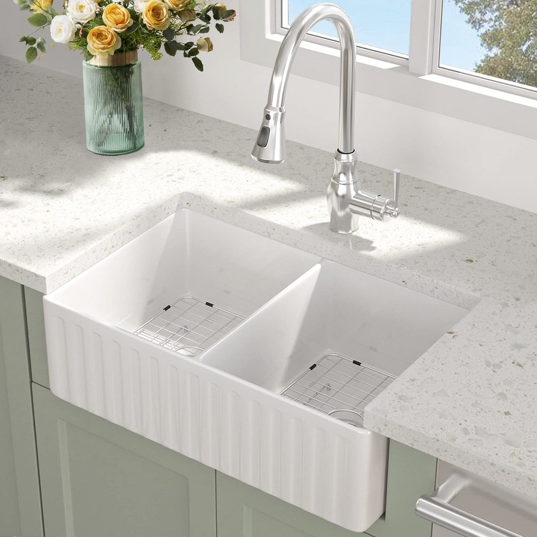 Fireclay 33" L X 18" W Double Basin Farmhouse Kitchen Sink With Grid And Strainer