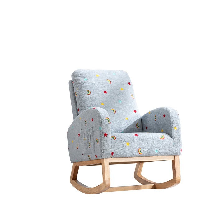 26.8"W Modern Rocking Chair for Nursery, Mid Century Accent Rocker Armchair With Side Pocket, Upholstered High Back Wooden Rocking Chair for Living Room Baby Kids Room Bedroom, Blue Boucle
