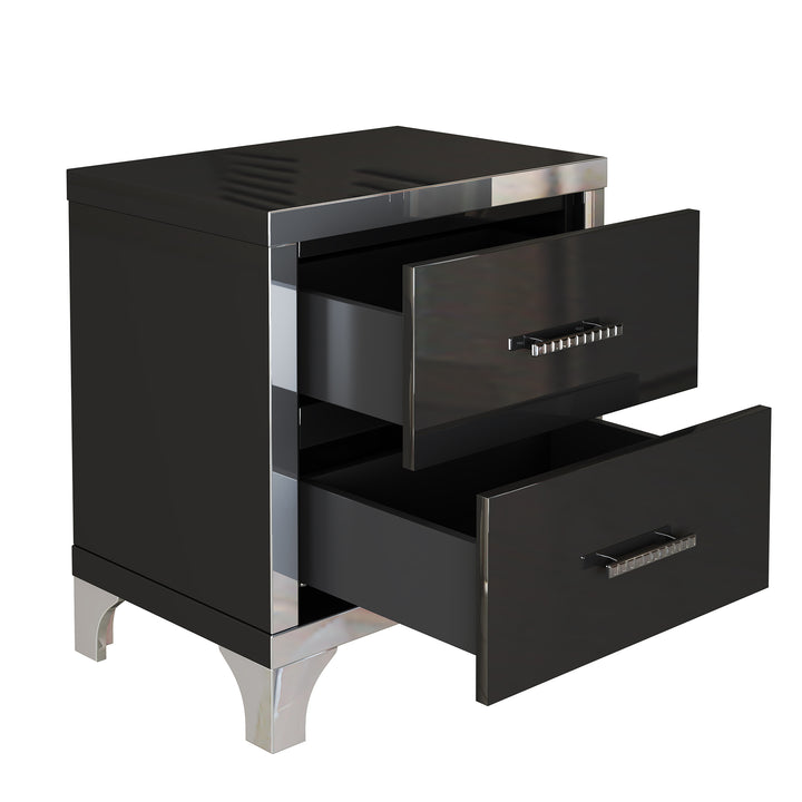 Elegant High Gloss Nightstand with Metal Handle,Mirrored Bedside Table with 2 Drawers for Bedroom,Living Room,Black