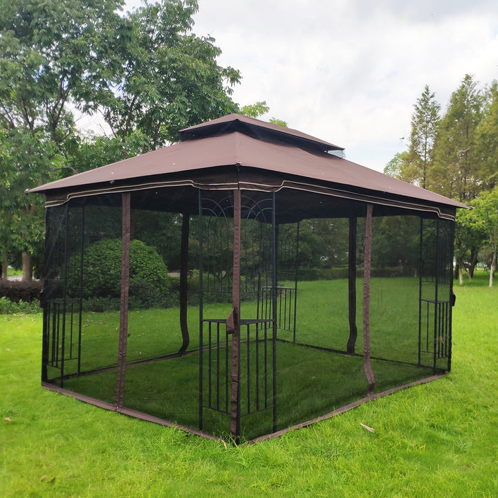 13x10 Outdoor Patio Gazebo Canopy Tent With Ventilated Double Roof And Mosquito net(Detachable Mesh Screen On All Sides),Suitable for Lawn, Garden, Backyard and Deck,Brown Top