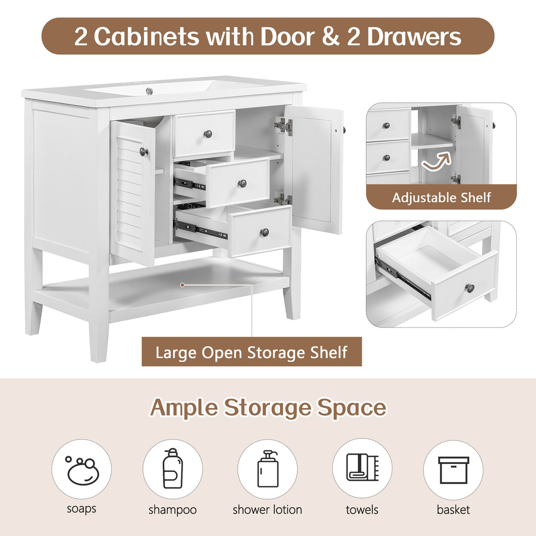 36" Bathroom Vanity without Sink, Cabinet Base Only, Two Cabinets and Drawers, Open Shelf, Solid Wood Frame, White