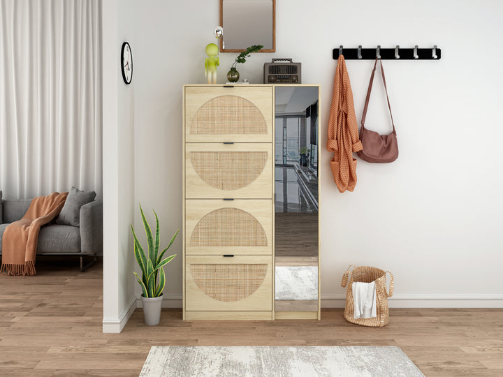 Natural Rattan Shoe Cabinet with 4-Tier Shoe Rack Storage Cabinet Wood 4 Door Free Standing Shoe Rack