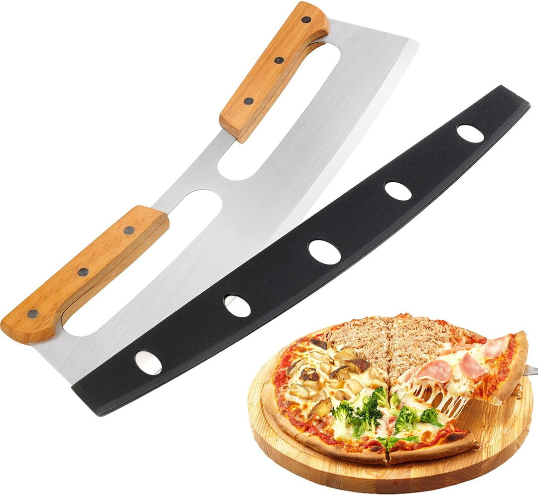 LIXINYU  Pizza Cutter Rocker with Wooden Handles & Protective Cover, 14" Sharp Stainless Steel Pizza Slicer Wheel, Big Pizza Knife Cutters for Kitchen Tool (14inch)