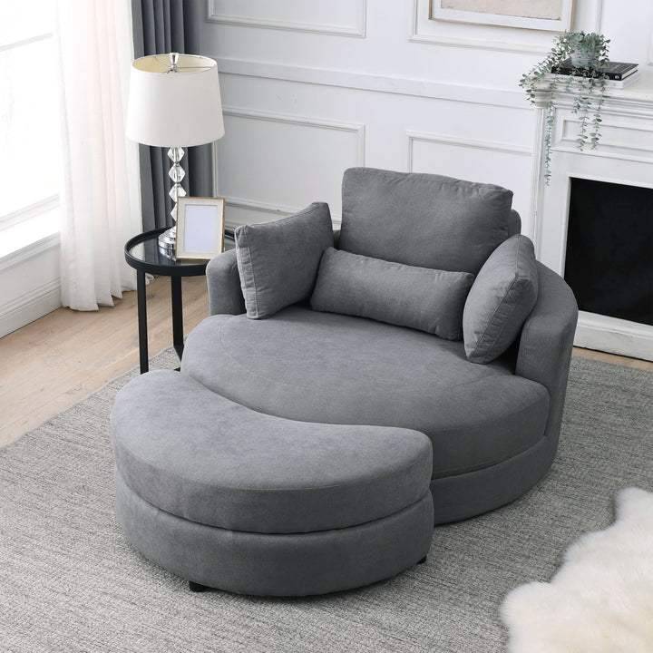 [Video] Welike Swivel Accent Barrel Modern Dark Grey Sofa Lounge Club Big Round Chair with Storage Ottoman Linen Fabric for Living Room Hotel with Pillows