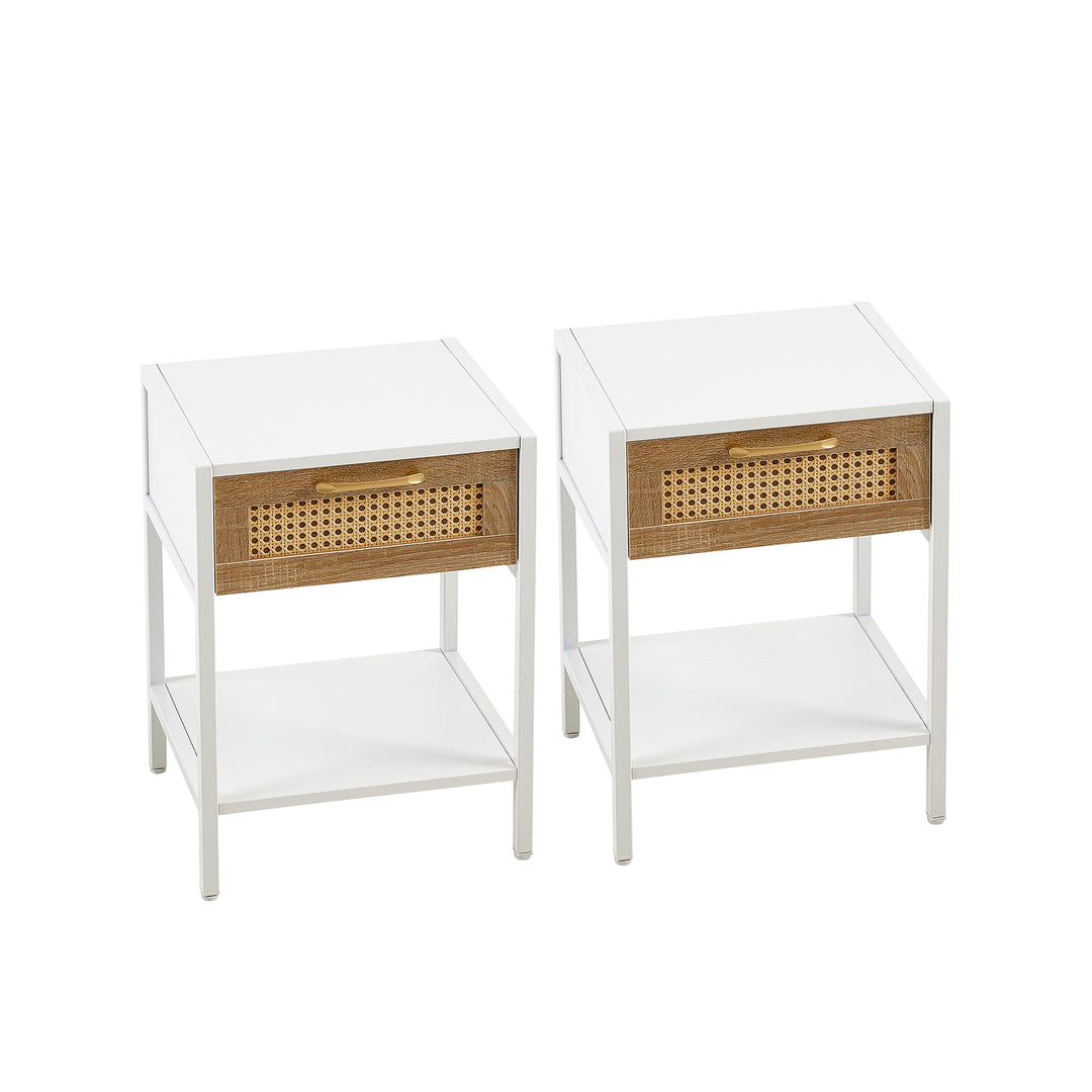 Set of 2, 15.74" Rattan End table with  drawer, Modern nightstand, metal legs,side table for living room, bedroom,white