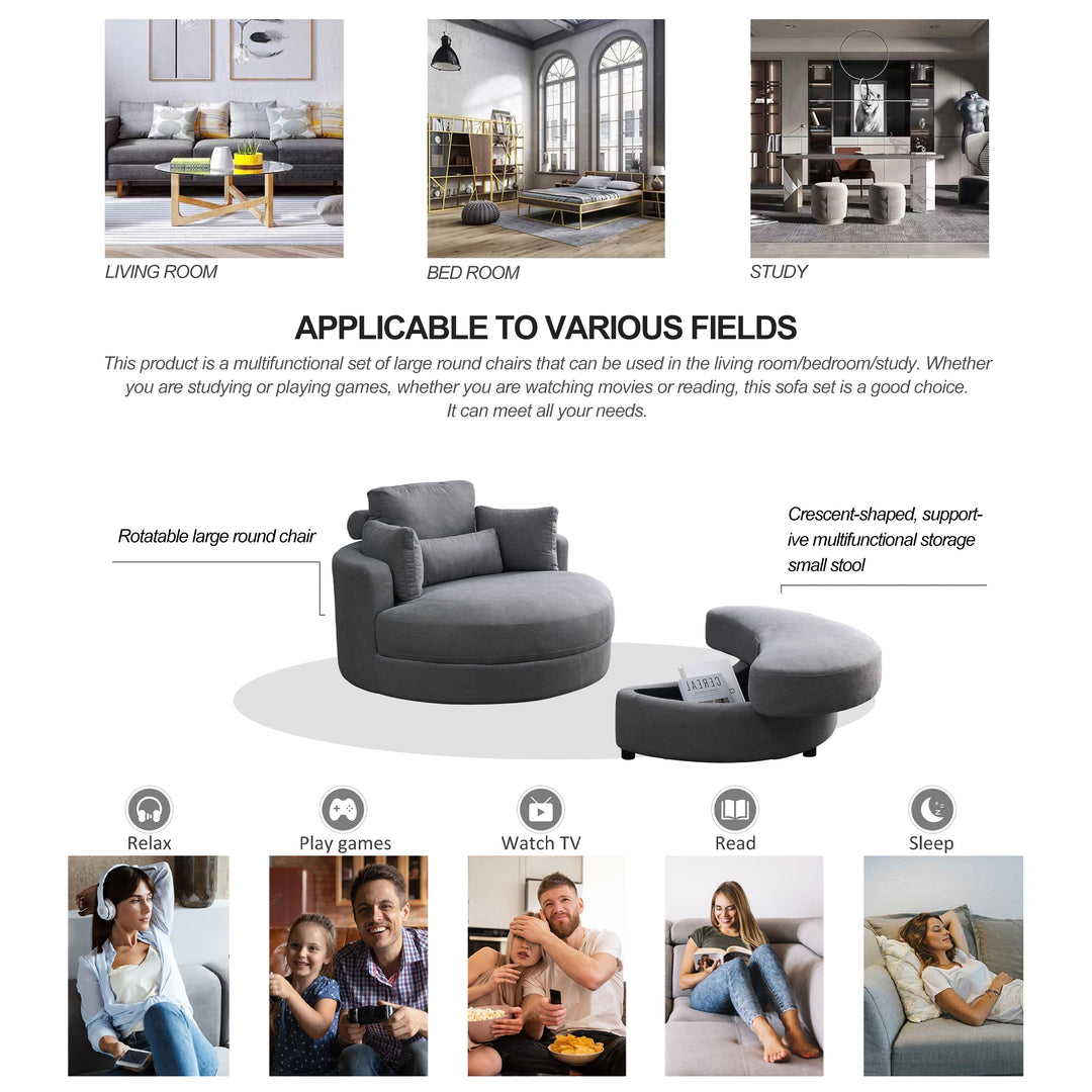 [Video] Welike Swivel Accent Barrel Modern Dark Grey Sofa Lounge Club Big Round Chair with Storage Ottoman Linen Fabric for Living Room Hotel with Pillows