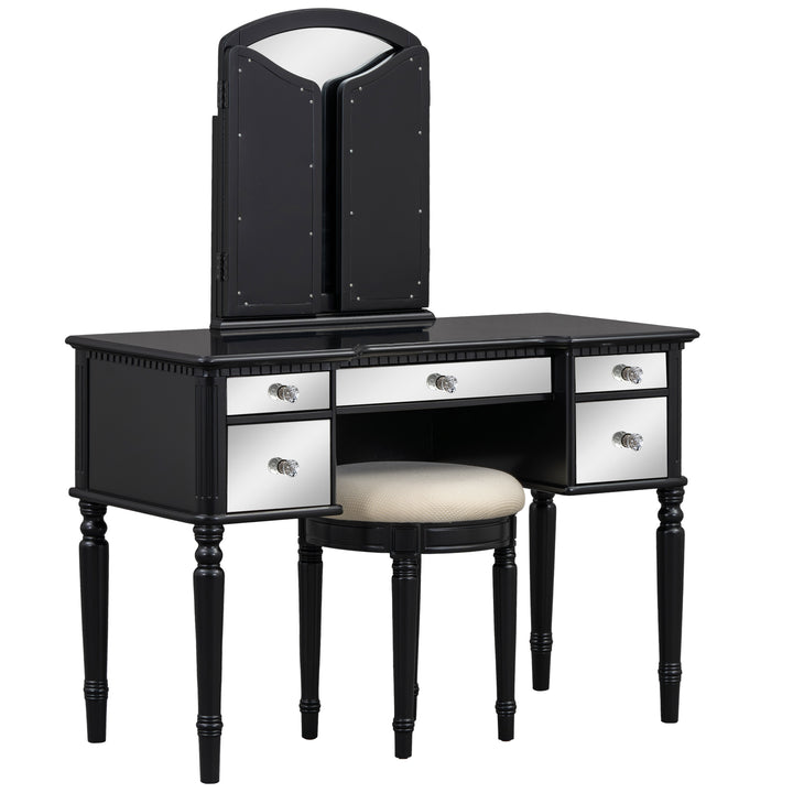 GO 43" Dressing Table Set with Mirrored Drawers and Stool, Tri-fold Mirror, Makeup Vanity Set for Bedroom, Black