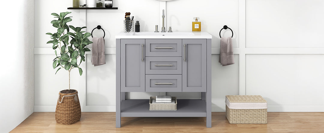 36-Inch Grey Bathroom Vanity with Solid Wood Frame and MDF, Resin Basin, 2 Drawers, 2 Cabinet Doors, 2 Adjustable Shelvesdoor,Single Resin Sink,Small Bathroom Organization Cabinet