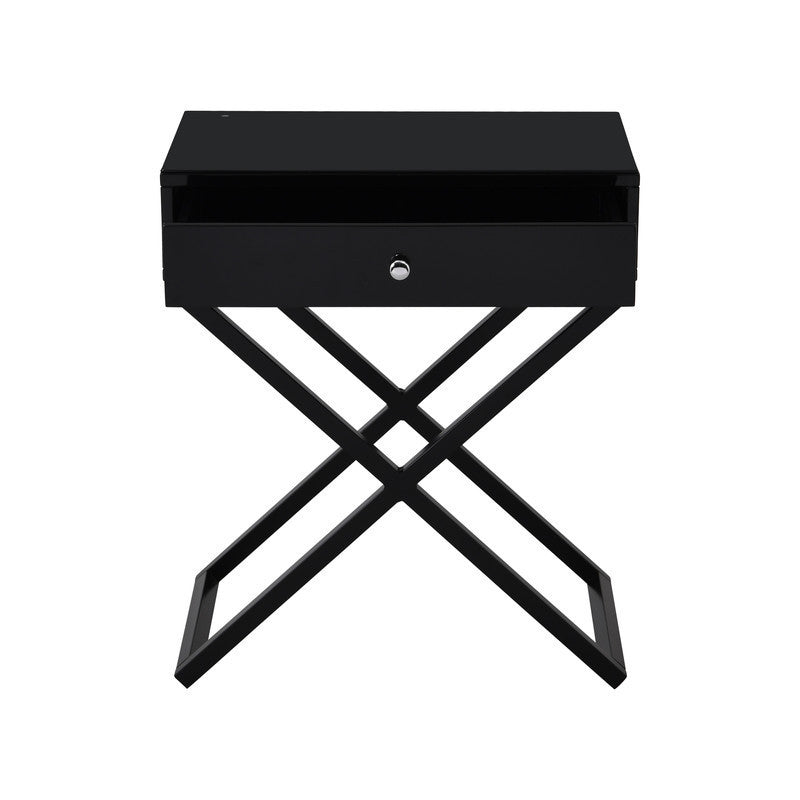 Koda 23" Black Wooden End Side Table Nightstand with Glass Top, Drawer and Metal Cross Base