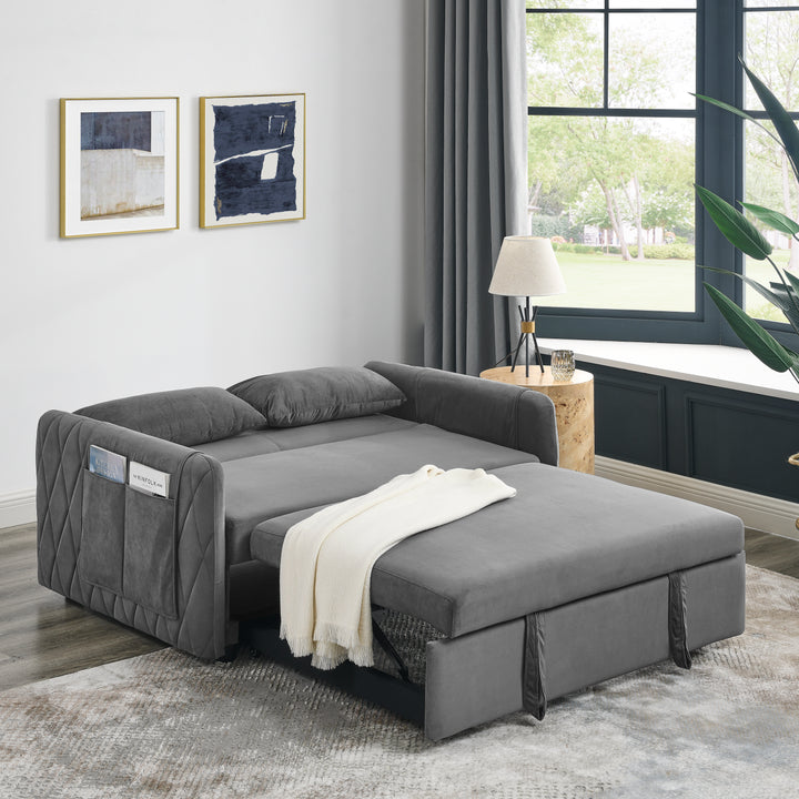 55" Modern Convertible Sofa Bed with 2 Detachable Arm Pockets, Velvet Loveseat Sofa with Pull Out Bed, 2 Pillows and Living Room Adjustable Backrest, Grid Design Armrests