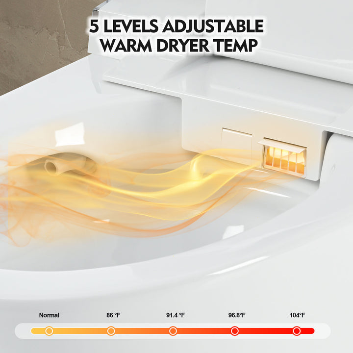 Luxury Smart Toilet with Dryer and warm water,  Elongated Bidet Toilet with Heated Seat, with Remote Control, LED Night Light, Power Outage Flushing, Soft Close Cover,Whit