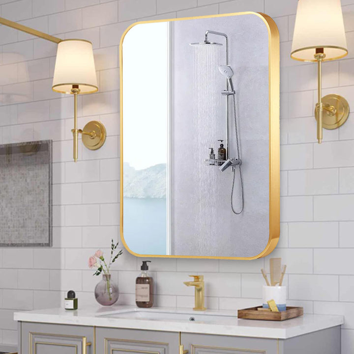 32 x 24 Inch Gold Bathroom Mirror for Wall Vanity Mirror with Non-Rusting Aluminum Alloy Metal Frame Rounded Corner for Modern Farmhouse Home Decor