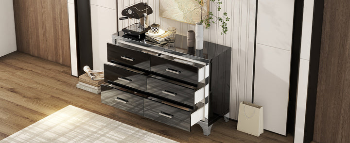 Elegant High Gloss Dresser with Metal Handle,Mirrored Storage Cabinet with 6 Drawers for Bedroom,Living Room,Black