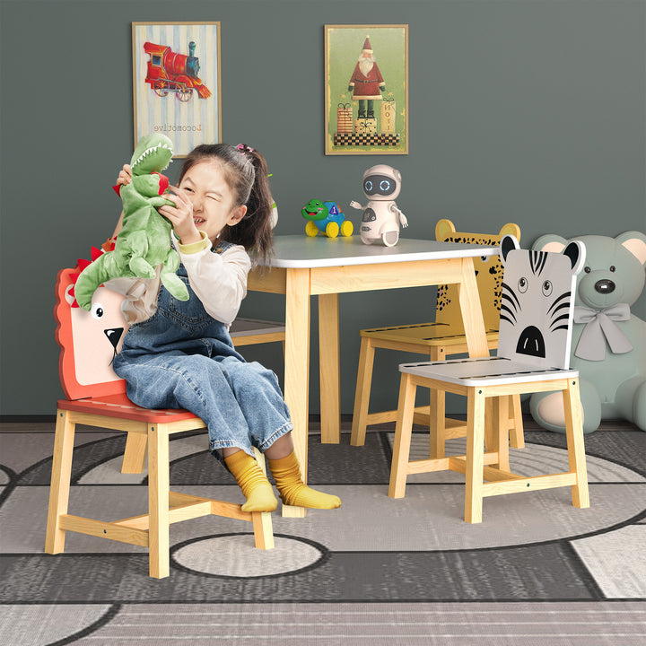 5 Piece Kiddy Table and Chair Set , Kids Wood Table with 4 Chairs Set Cartoon Animals (bigger table) (3-8 years old)