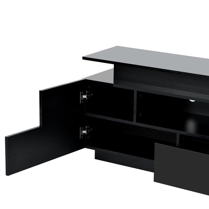 ON-TREND Modern, Stylish Functional TV stand with Color Changing LED Lights, Universal Entertainment Center, High Gloss TV Cabinet for 75+ inch TV, Black