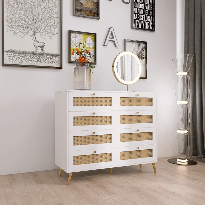 White Color 8 Drawers Chest of Drawers with Rattan Drawer Face Golden Legs and Handles