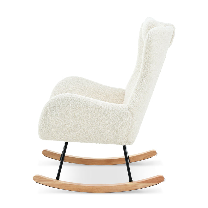 Rocking Chair Nursery, Teddy Upholstered Rocker Glider Chair with High Backrest, Adjustable Headrest & Pocket, Comfy Glider Chair for Nursery, Bedroom, Living Room, Offices, Rubber wood, white