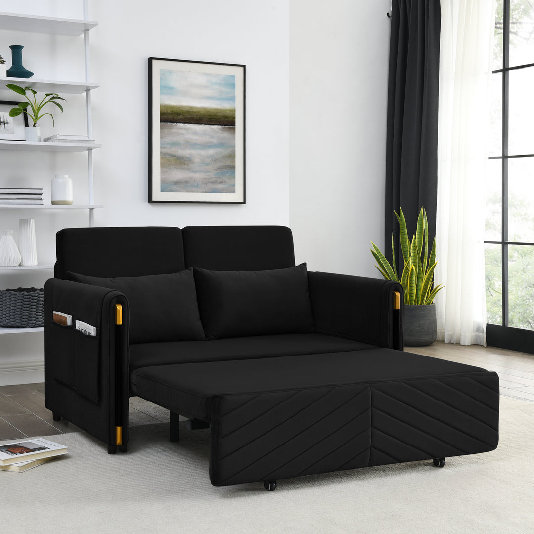 MH 54" Modern Convertible Sofa Bed with 2 Detachable Arm Pockets, Velvet Loveseat Sofa with Pull Out Bed, 2 Pillows and Living Room Adjustable Backrest, Grid Design Armrests, Black