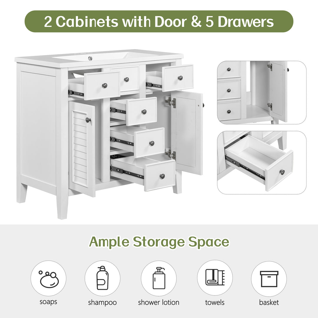 36" Bathroom Vanity without Sink, Cabinet Base Only, Two Cabinets and Five Drawers, Solid Wood Frame, White