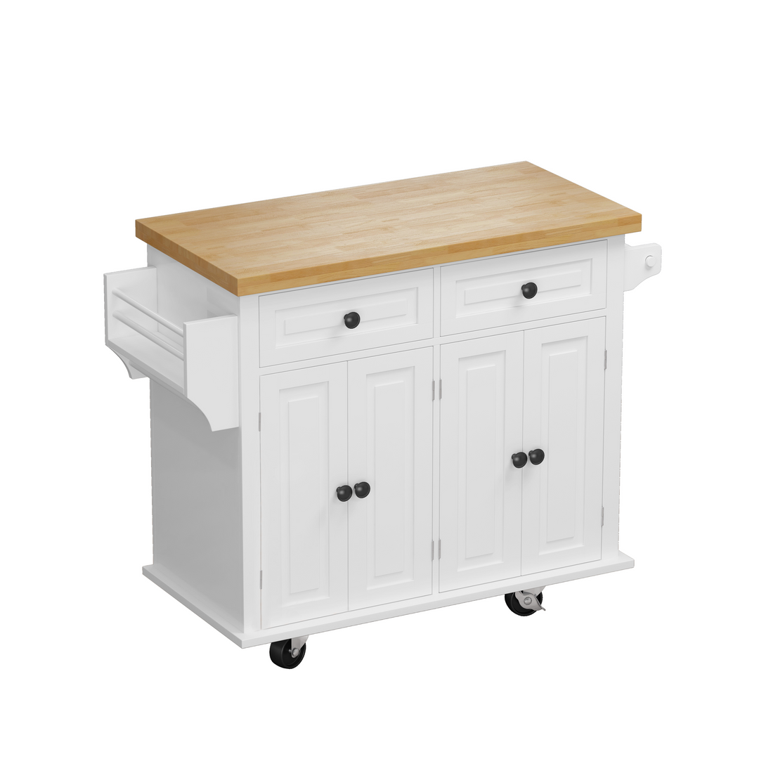 Kitchen Island Cart with Two Storage Cabinets and Two Locking Wheels,43.31 Inch Width,4 Door Cabinet and Two Drawers,Spice Rack, Towel Rack(White)