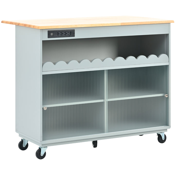 Kitchen Island with Drop Leaf, LED Light Kitchen Cart on Wheels with Power Outlets, 2 Sliding Fluted Glass Doors, Large Kitchen Island Cart with 2 Cabinet and 1 open Shelf (Grey Blue)