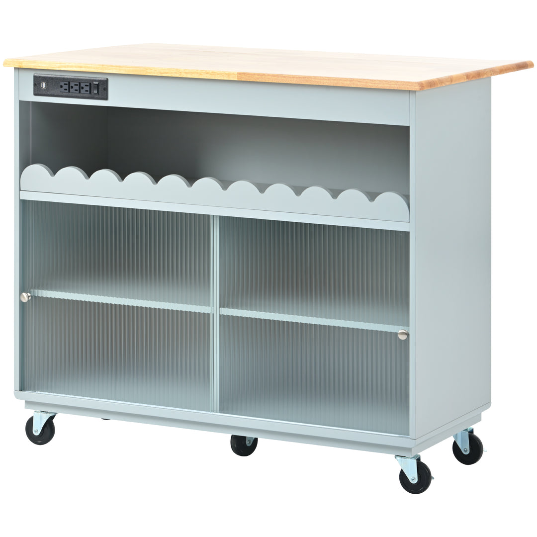 Kitchen Island with Drop Leaf, LED Light Kitchen Cart on Wheels with Power Outlets, 2 Sliding Fluted Glass Doors, Large Kitchen Island Cart with 2 Cabinet and 1 open Shelf (Grey Blue)