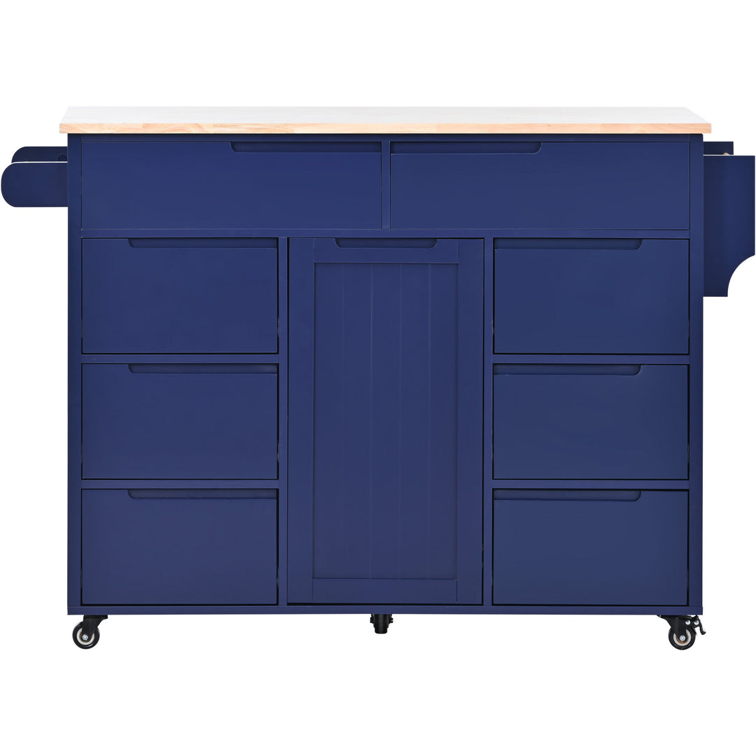 K&K Store Kitchen Cart with Rubber Wood Countertop , Kitchen Island has 8 Handle-Free Drawers Including a Flatware Organizer and 5 Wheels for Kitchen Dinning Room, Dark Blue