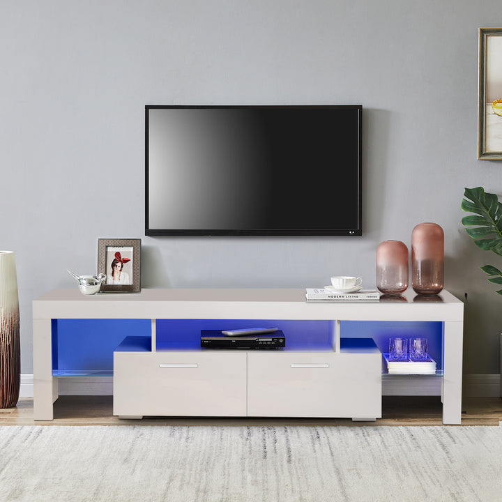 FashionTVstandTVcabinet,EntertainmentCenter,TVstationTV console,media console,with LEDlight belt,light belt remote control,toughenedglassshelf,metal handle,Canbeplaced in the living room,bedroom,White