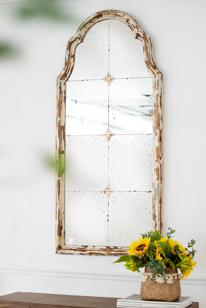 22" x 48" Large Cream & Gold Framed Wall Mirror, Wood Arched Mirror with Decorative Window Look for Living Room, Bathroom, Entryway