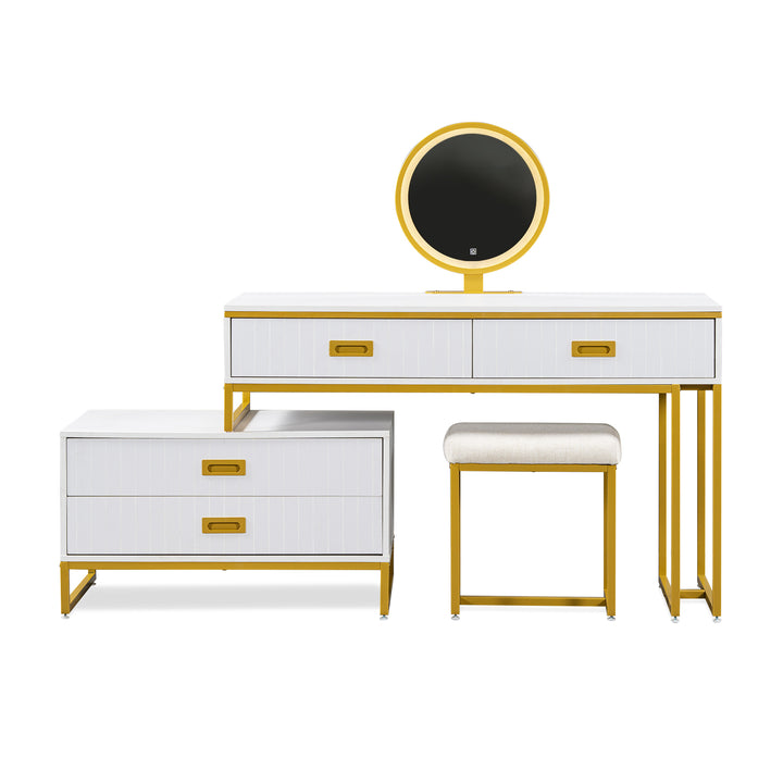 GO Modern Style Vanity Table With Movable Side Cabinet And 4-Drawers, Large Size Dressing Table With Mirror and 3-colors LED Light, Makeup Table With Stool, White, Golden Legs