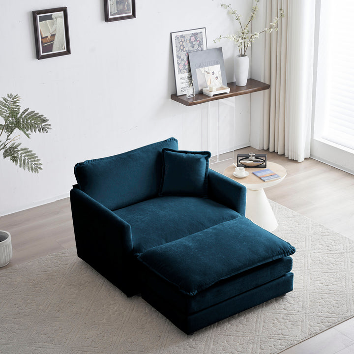 Modern Accent Chair with Ottoman, Living Room Club Chair Chenille Upholstered Armchair , Reading Chair for Bedroom, Blue Chenille