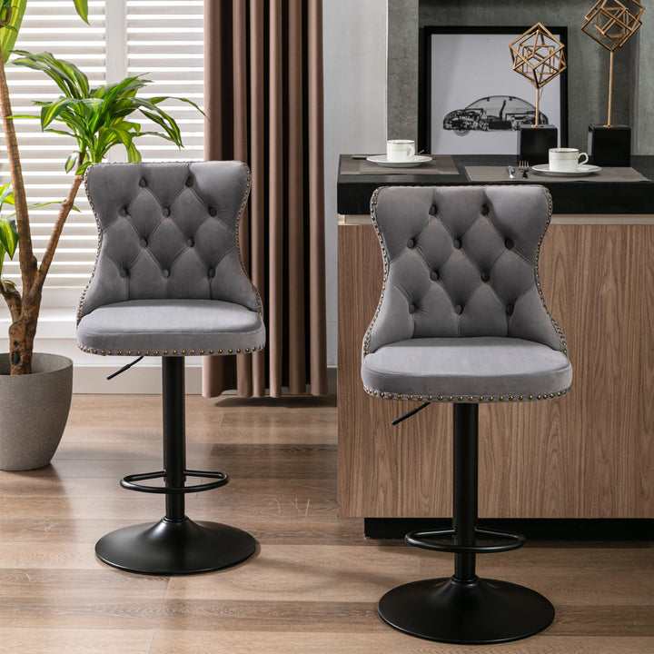 A&A Furniture,Swivel Velvet Barstools Adjusatble Seat Height from 25-33 Inch, Modern Upholstered Bar Stools with Backs Comfortable Tufted for Home Pub and Kitchen Island（Gray,Set of 2）