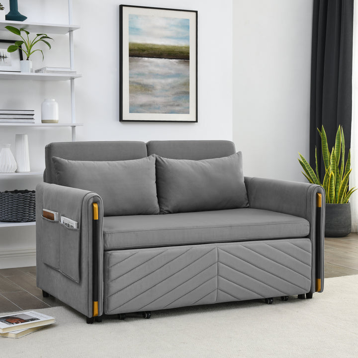 MH 54" Modern Convertible Sofa Bed with 2 Detachable Arm Pockets, Velvet Loveseat Multi-position adjustable Sofa with Pull Out Bed with Bedhead, 2 Pillows and Living Room, Grey