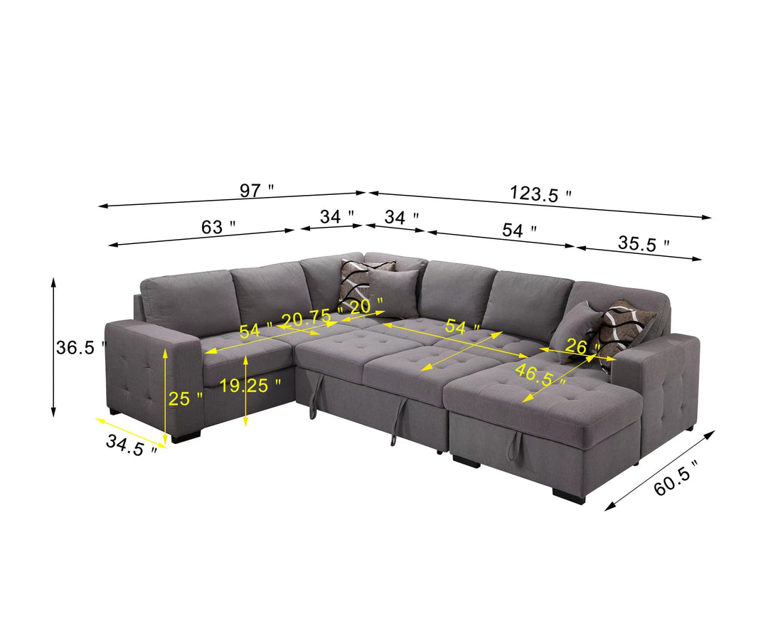 123" Oversized Sectional Sofa with Storage Chaise, U Shaped Sectional Couch with 4 Throw Pillows for Large Space Dorm Apartment. Grey