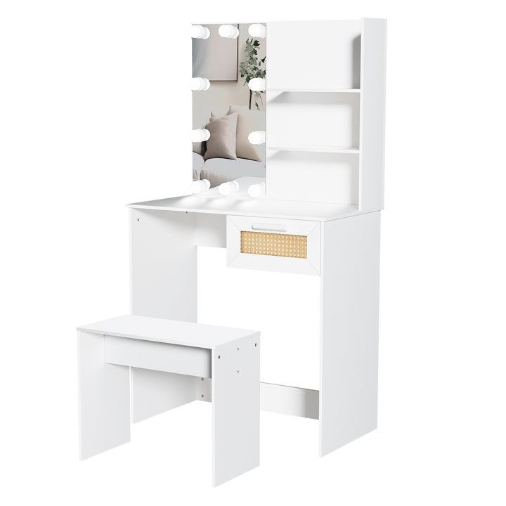 Vanity Desk Set Stool & Dressing Table with LED Lighting Mirror Drawer and Compartments Modern Wood Cosmetic Table Chest of Drawers White Color