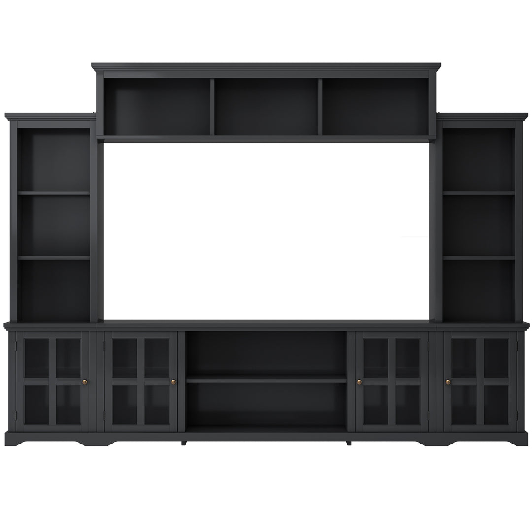 [VIDEO provided] ON-TREND Minimalism Entertainment Wall Unit with Bridge, Modern TV Console Table for TVs Up to 70", Multifunctional TV Stand with Tempered Glass Door, Black (Old SKU: SD000009AAB)