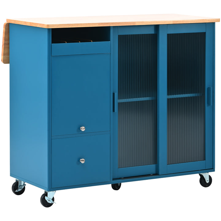 Kitchen Island with Drop Leaf, LED Light Kitchen Cart on Wheels with 2 Fluted Glass Doors and 1 Flip Cabinet Door, Large Kitchen Island Cart with an Adjustable Shelf and 2 Drawers (Navy Blue)