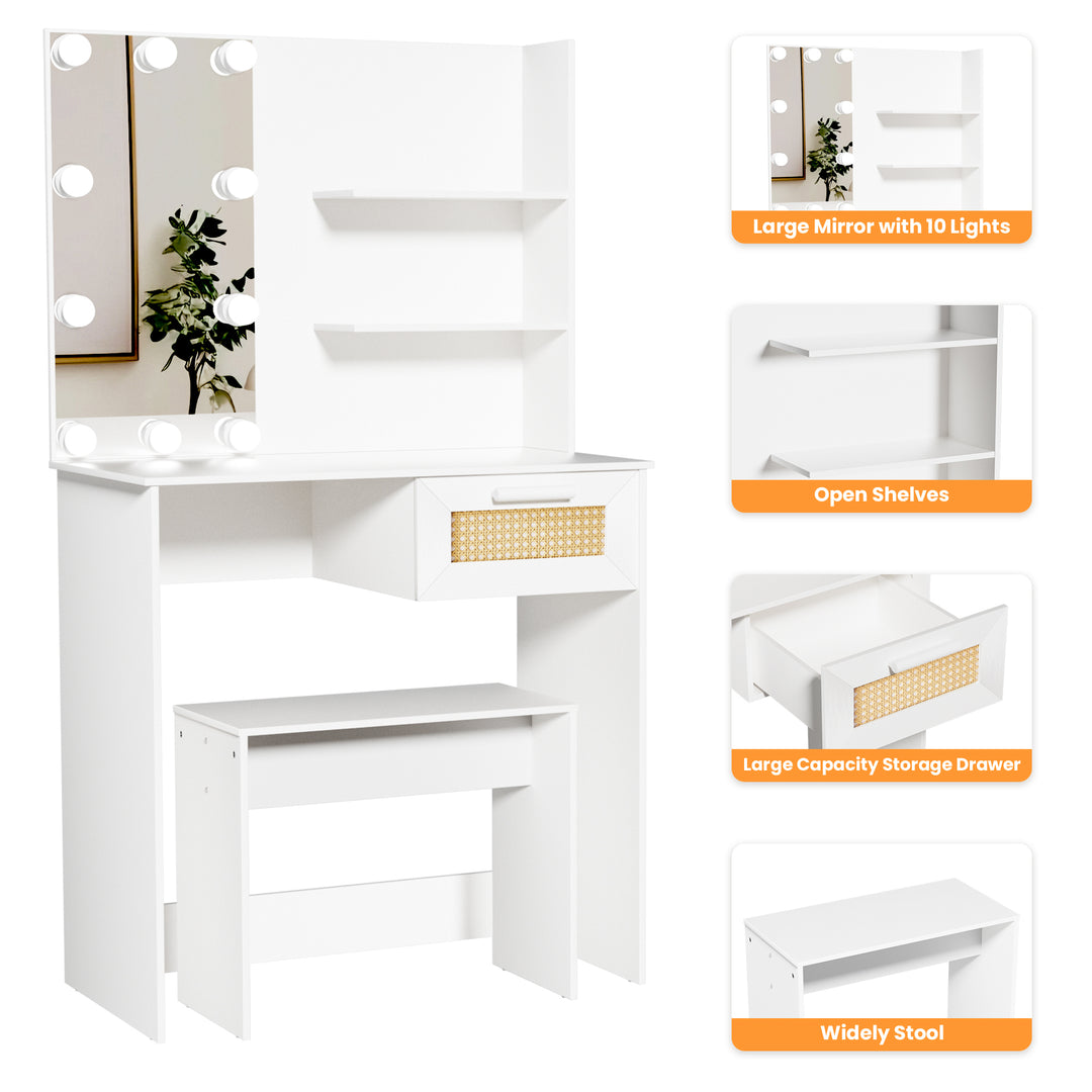 Vanity Desk Set Stool & Dressing Table with LED Lighting Mirror Drawer and Compartments Modern Wood Cosmetic Table Chest of Drawers White Color