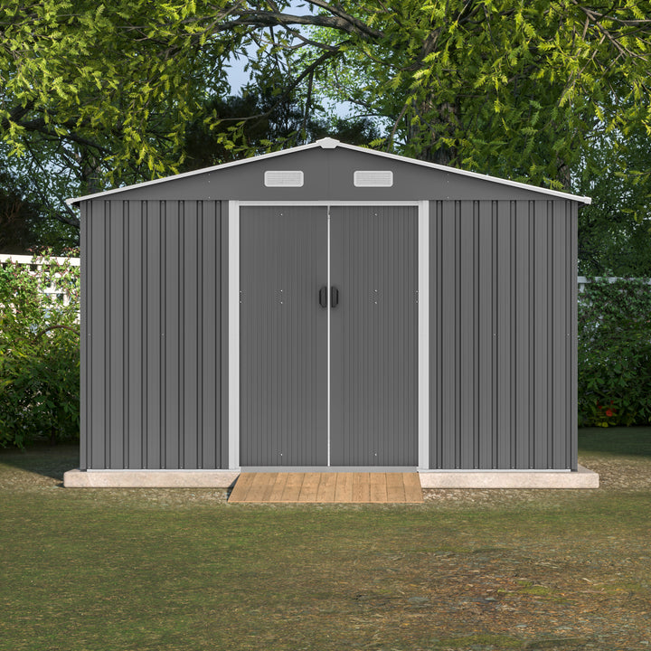 10X8 FT Outdoor Storage Shed, All Weather Metal Sheds with Metal Foundation & Lockable Doors, Tool Shed for Garden, Patio, Backyard, Lawn, Grey