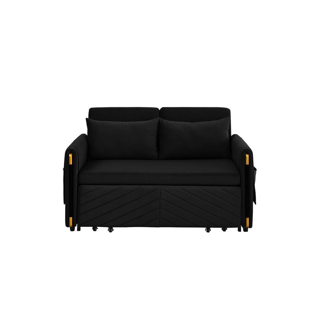 MH 54" Modern Convertible Sofa Bed with 2 Detachable Arm Pockets, Velvet Loveseat Sofa with Pull Out Bed, 2 Pillows and Living Room Adjustable Backrest, Grid Design Armrests, Black