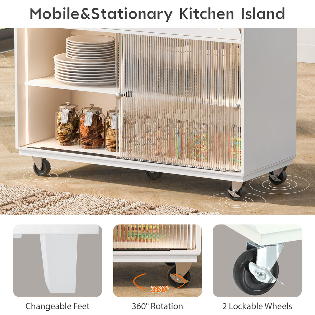 Kitchen Island with Drop Leaf, LED Light Kitchen Cart on Wheels with Power Outlets, 2 Sliding Fluted Glass Doors, Large Kitchen Island Cart with 2 Cabinet and 1 open Shelf (White)