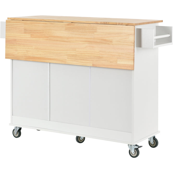 Rolling Mobile Kitchen Island with Solid Wood Top and Locking Wheels,52.7 Inch Width,Storage Cabinet and Drop Leaf Breakfast Bar,Spice Rack, Towel Rack & Drawer (White)