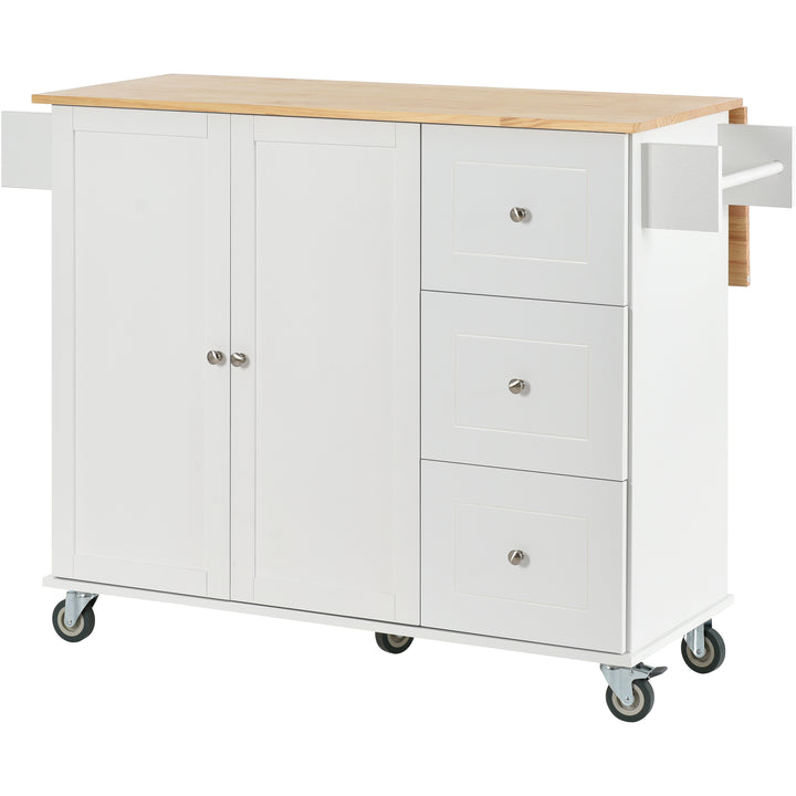 Rolling Mobile Kitchen Island with Solid Wood Top and Locking Wheels,52.7 Inch Width,Storage Cabinet and Drop Leaf Breakfast Bar,Spice Rack, Towel Rack & Drawer (White)