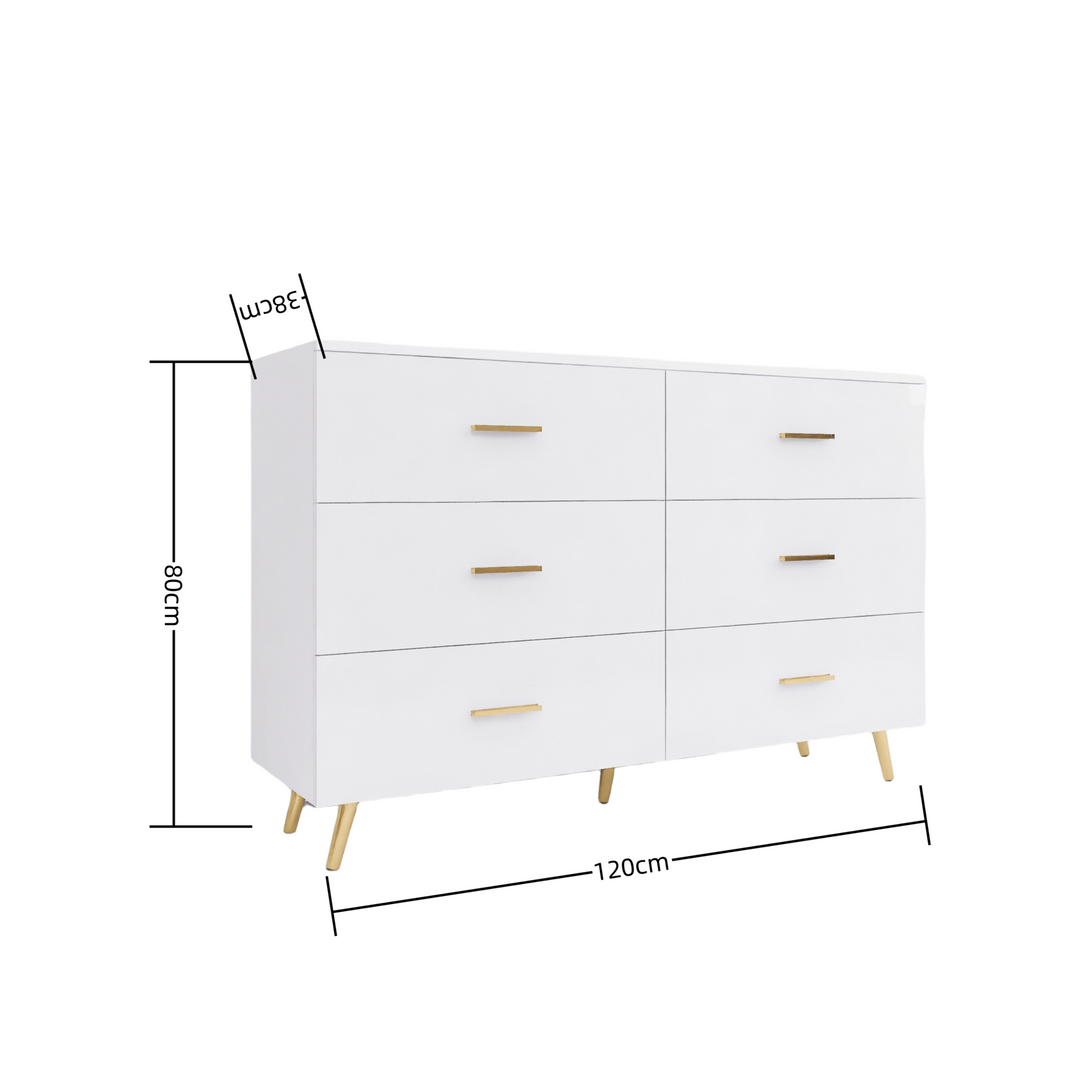 High Glossy Surface 6 Drawers Chest of Drawer with Golden Handle and Golden Steel Legs White Color Vanity