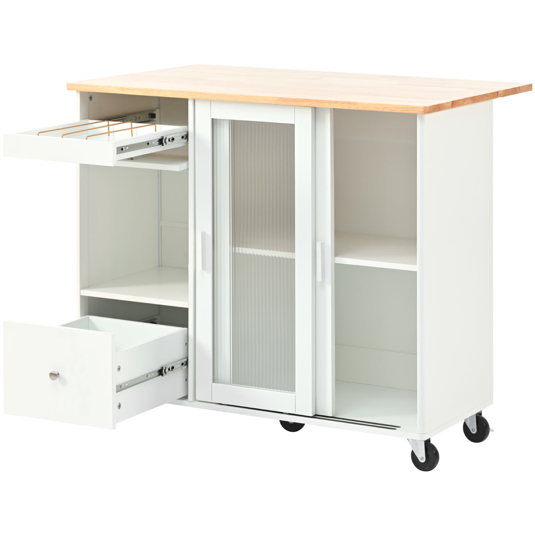 Kitchen Island with Drop Leaf, LED Light Kitchen Cart on Wheels with 2 Fluted Glass Doors and 1 Flip Cabinet Door, Large Kitchen Island Cart with an Adjustable Shelf and 2 Drawers (White)