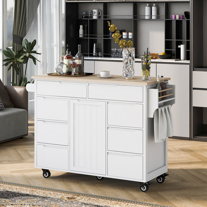 K&K Store Kitchen Cart with Rubber Wood Countertop , Kitchen Island has 8 Handle-Free Drawers Including a Flatware Organizer and 5 Wheels for Kitchen Dinning Room, White