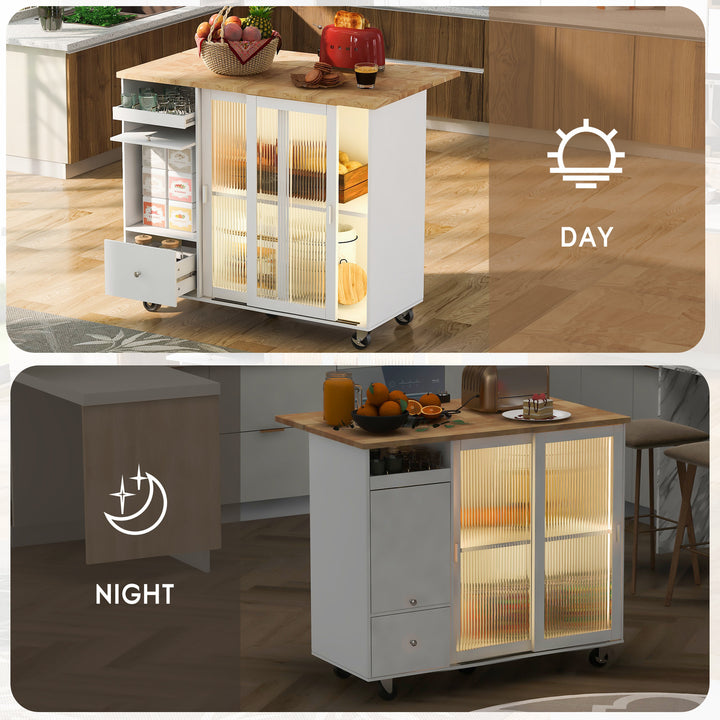 Kitchen Island with Drop Leaf, LED Light Kitchen Cart on Wheels with 2 Fluted Glass Doors and 1 Flip Cabinet Door, Large Kitchen Island Cart with an Adjustable Shelf and 2 Drawers (White)