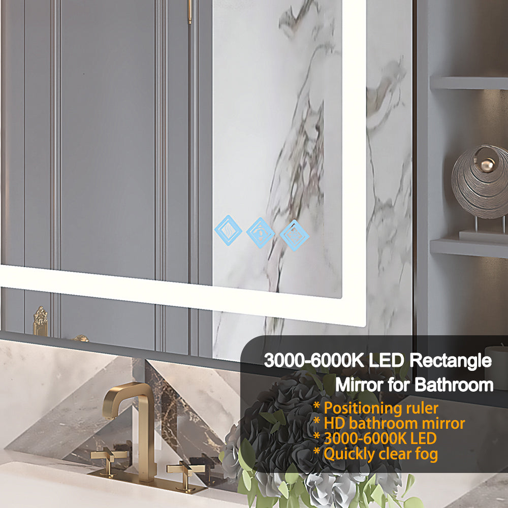 32x24inch Glossy Brushed Silver 3000-6000K LED Bathroom Mirror With Lights,Anti-Fog Dimmable Lighted Wall Mounted Vanity Mirror Master Bath Modern Makeup(Only mirrors, not cabinets)Horizontal&Vertical