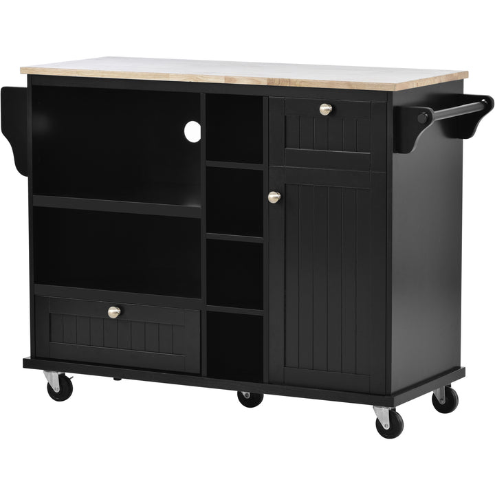 Kitchen Island Cart with Storage Cabinet and Two Locking Wheels,Solid wood desktop,Microwave cabinet,Floor Standing Buffet Server Sideboard for Kitchen Room,Dining Room,, Bathroom(Black)