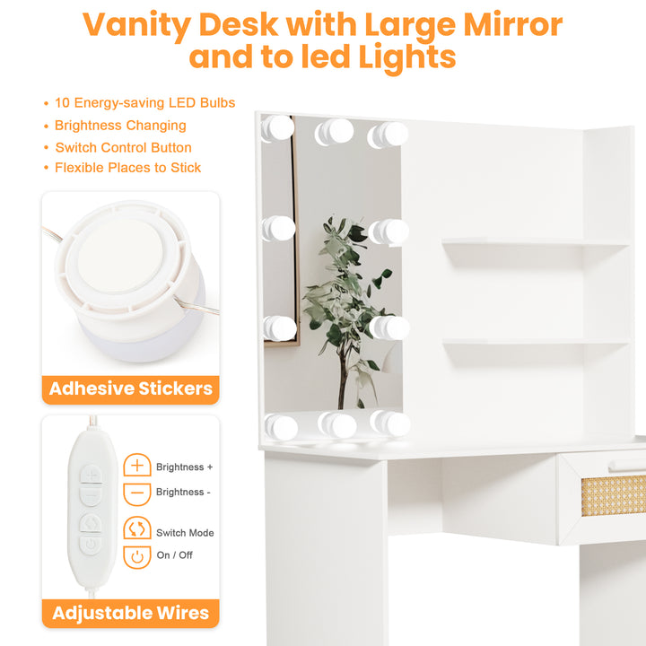 Vanity Desk Set Stool & Dressing Table with LED Lighting Mirror Drawer and Compartments Modern Wood Cosmetic Table Chest of Drawers White Color